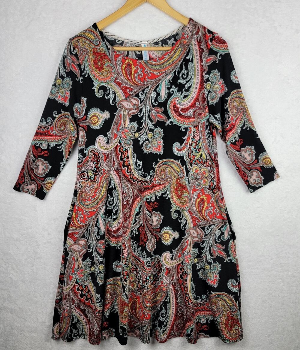Bohemian Paisley Knit Midi Flare Dress Small Pullover 3/4 Sleeve Pocket Black